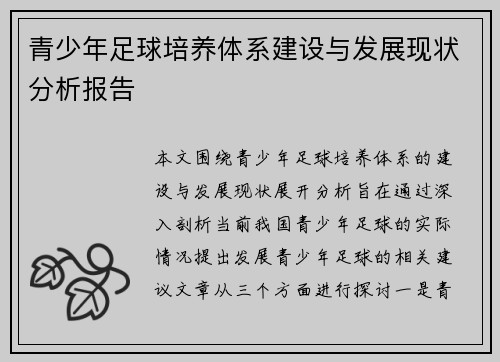 青少年足球培养体系建设与发展现状分析报告