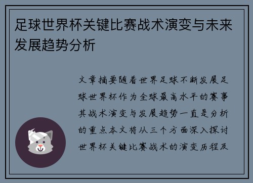足球世界杯关键比赛战术演变与未来发展趋势分析
